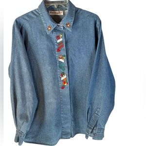 Peter Martin Christmas Denim Shirt Button up Size 12 Button Front Teddy &